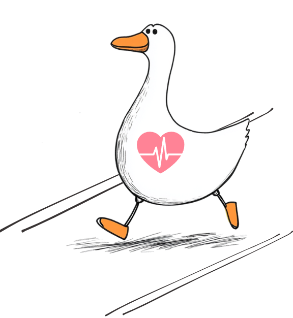 Fit Gąska uprawiająca jogging Fit Gąska biegnąca po ścieżce, Na Gąsce widoczne schematyczne różowe serce z symbolicznym znakiem pracy serca.