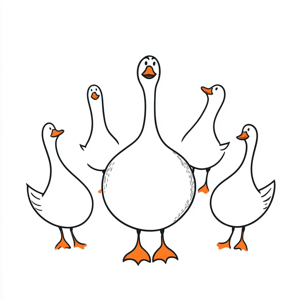 Fit Gąska wśród stada Fit Gąska stoi pośrodku ilustracji wokó niej, nieco z tyłu bardzo podobnie wyglądające cztery inne gąski.