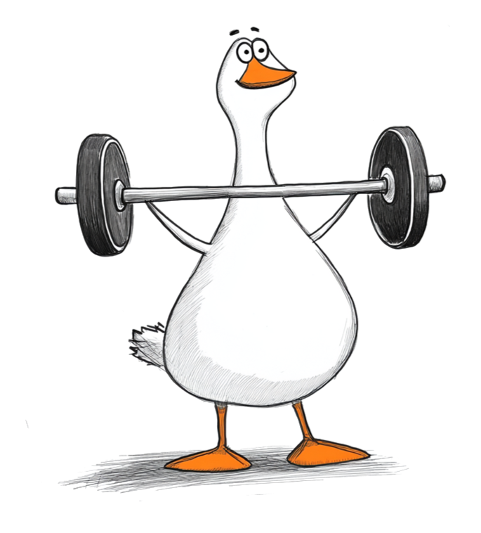 Fit Gąska podnosząca sztangę Fit Gąska, z wyraźnym wysiłkiem malującym się na twarzy, podnosi sztangę z obciążeniem.
